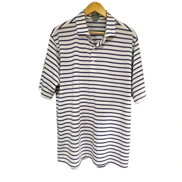 Fennec Men's White & Blue Striped Short Sleeve golf Polo Shirt Size Large - Picture 1 of 5